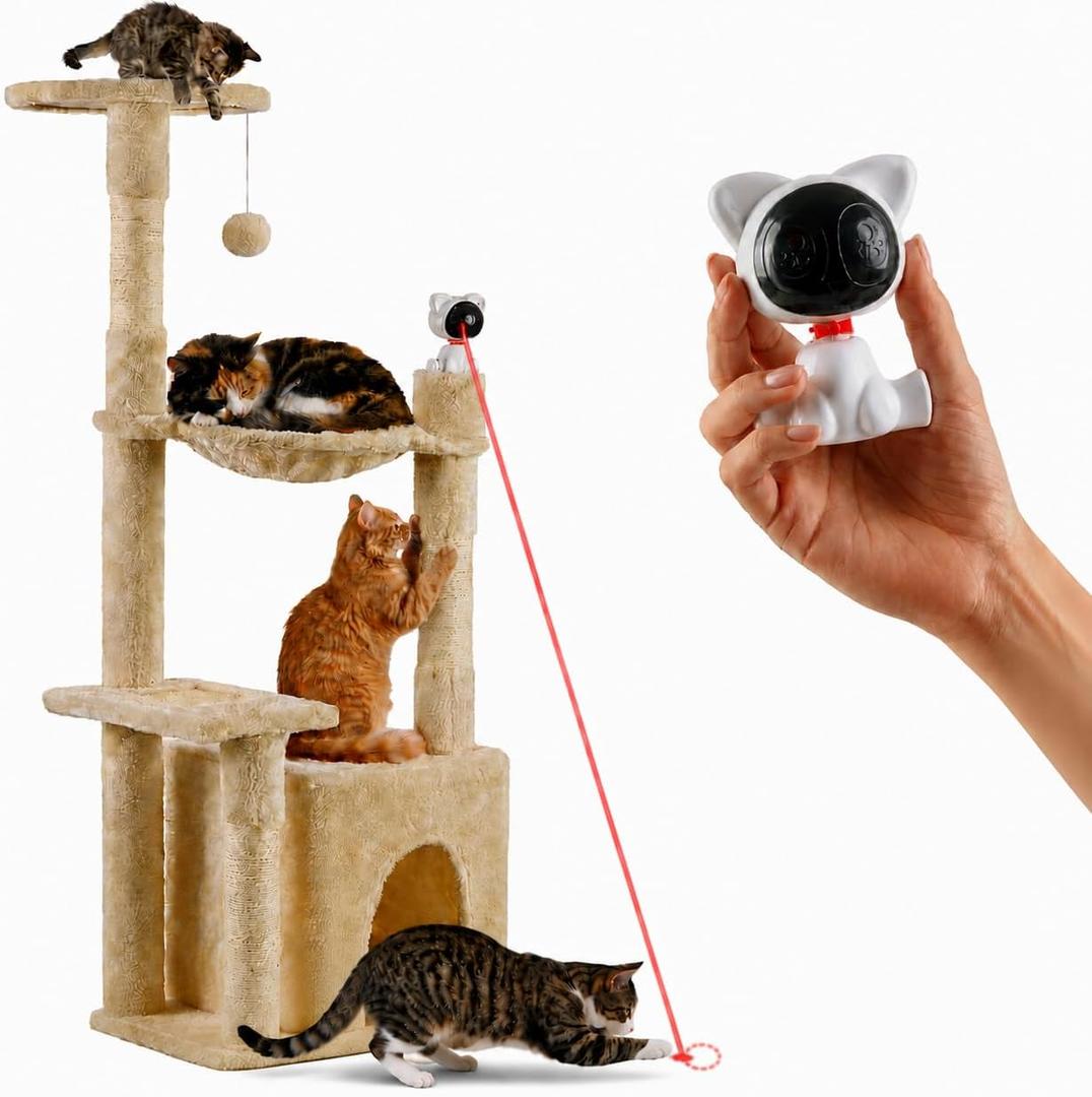 45-in Cat Tree for Indoor Cats with Built-in Laser Toy | Multi-Level Cat Tower with Plush Hammock, Cat House Scratching Posts, Cozy Condo Perch & Hanging Ball, Supports up to 22 LB, Beige