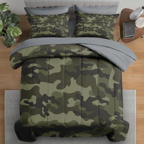 Pamnest Comforter Set Queen Size, Army Camouflage Camo 7 Pcs Bedding for Kids and Adults, Military French Green Bed Sheet Sets with Fitted Sheet 2 Pillowcases & 2 Shams for Bedroom Bed Decor