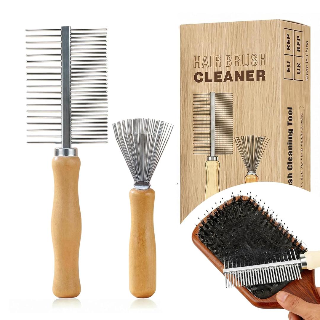 Hair Brush Cleaner Tool, 2 in 1 comb cleaning brush with Eco Bamboo Handle - Deep Clean Hair, Buildup, Rust-Proof Steel Teeth for Boar Bristle, Paddle, Detangling & Styling Brushes