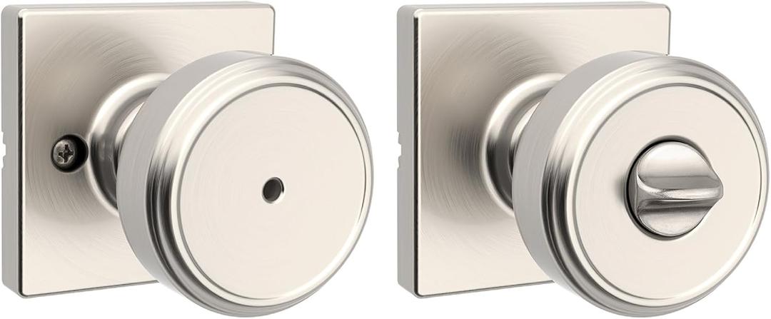 Kwikset Maven Interior Privacy Door Knob with Lock, Square Door Handle for Bathroom and Bedroom, Satin Nickel Keyless Turn Lock Doorknob, with Microban Protection