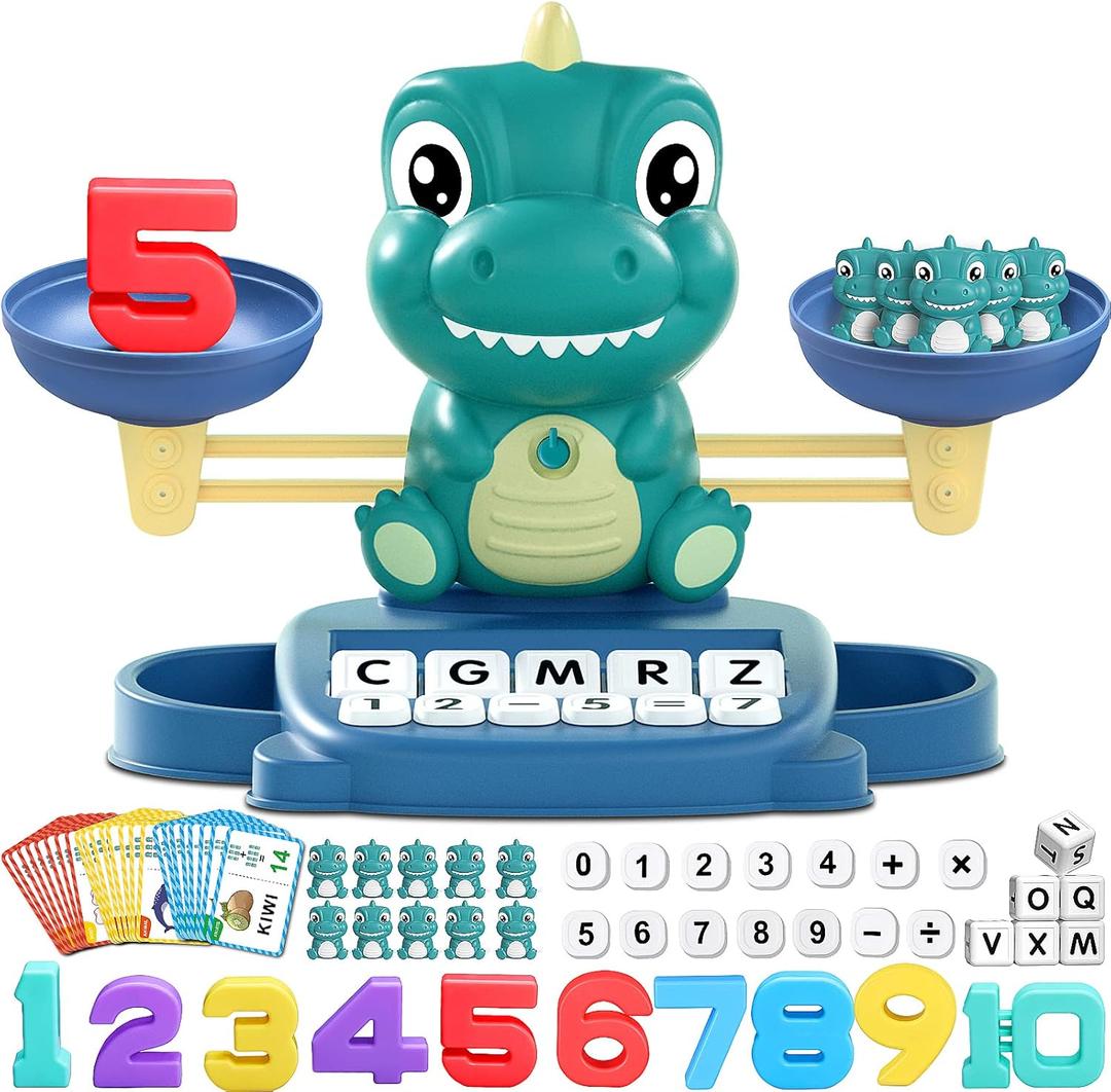 Dinosaur Math Balance Toy for Boys and Girls - Montessori Matching Letter Toy for Kids 3 Year Olds, Educational Kindergarten Preschool Early Learning, Birthday Gift for 4 5 6 7 Years Old (Advanced Green)