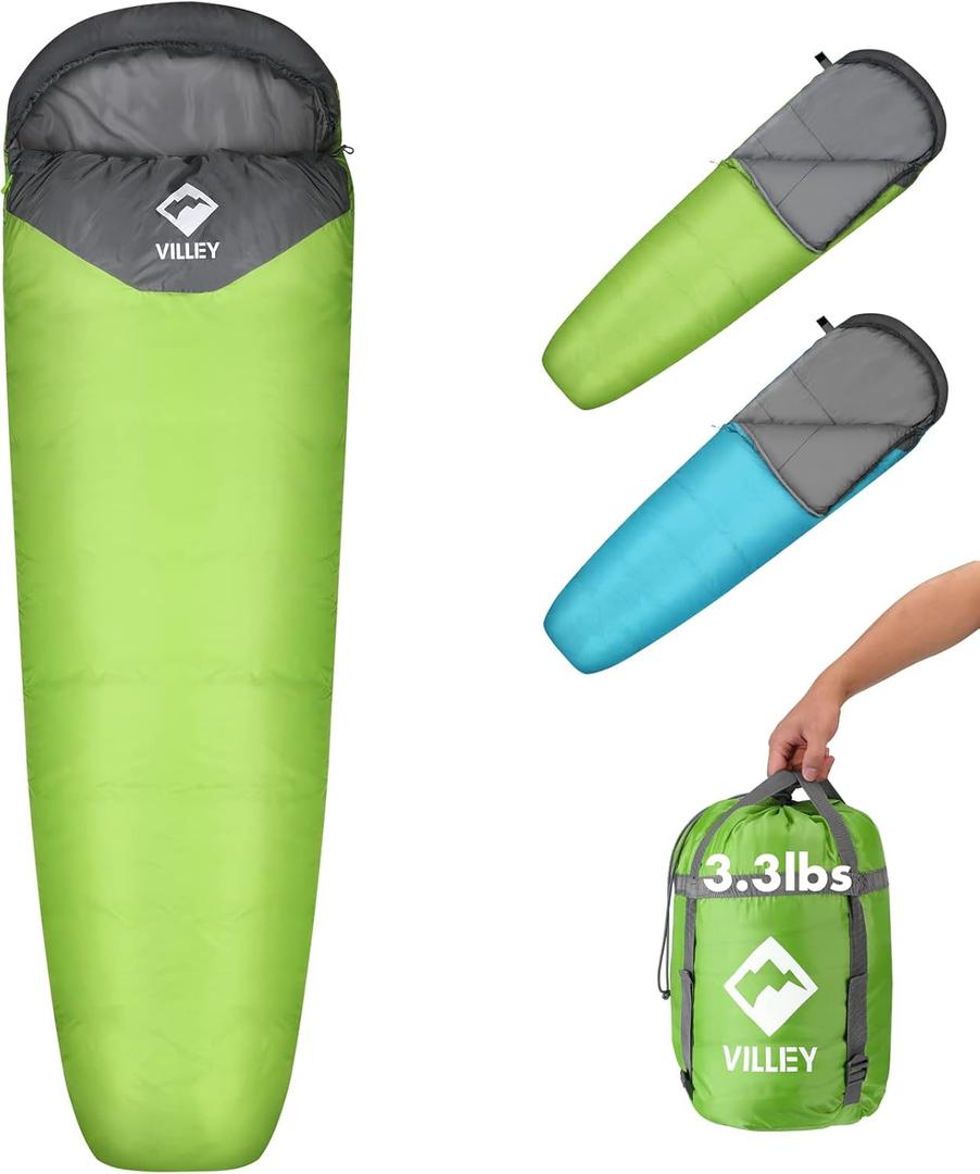 VILLEY Mummy Sleeping Bag, Lightweight Backpacking Sleeping Bag for Adults & Kids, Camping Hiking Equipment for 3-4 Seasons (Green)