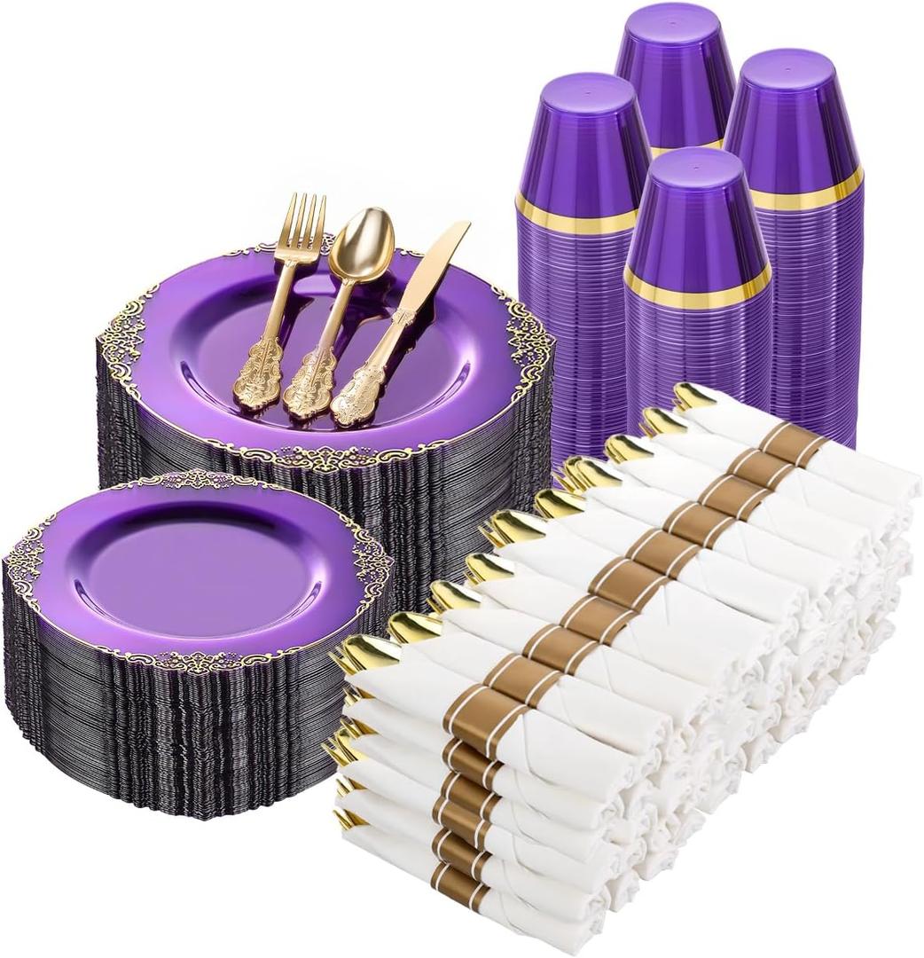 Goodluck 700 Piece Clear Purple Plastic Dinnerware Set for 100 Guests