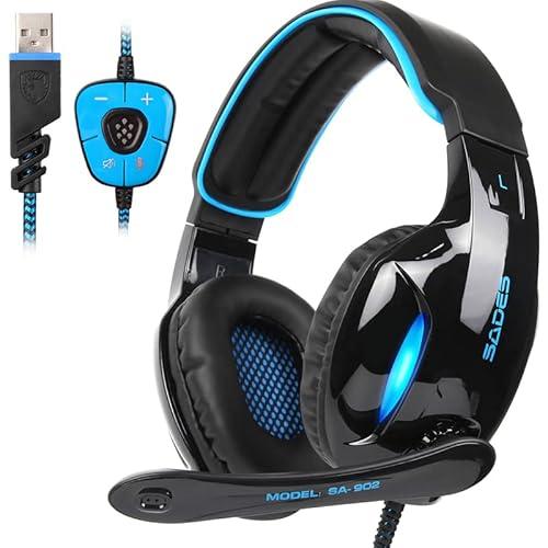SADES SA902 Stereo Gaming Headset 7.1 USB Surround Sound PC Headsets Over-Ear Gaming Headphones with Microphone LED Light Black Blue