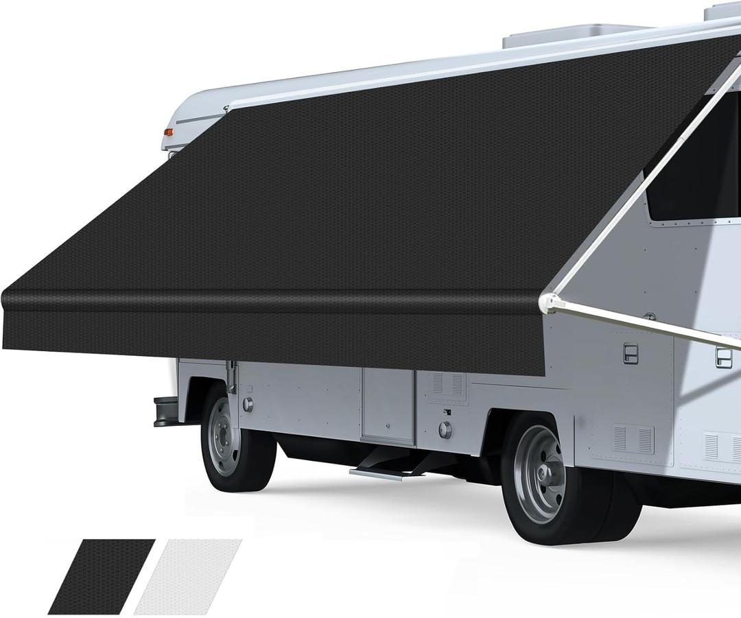 RV Awning Fabric Replacement, Premium 4-Ply 18.5oz Vinyl Fabric for RV Canopy, Universal Fit for Electric  Manual Camper Awning (10FT(Fabric 9'2"), Solid Black)