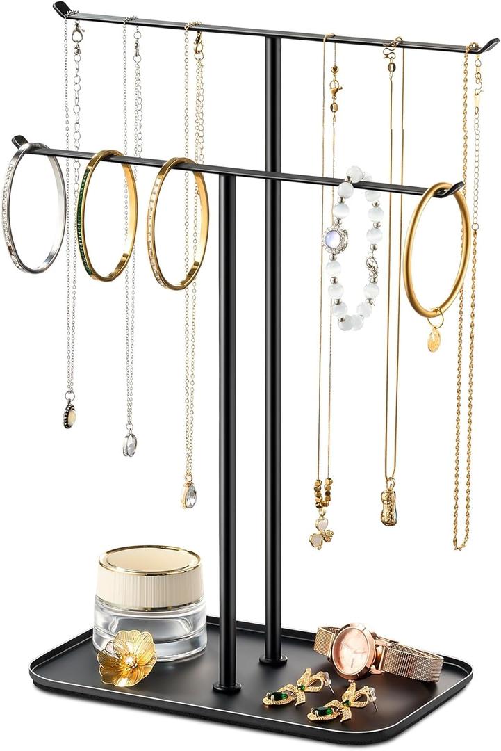 pickpiff Necklace Holder Jewelry Organizer Stand  2Tier TBar Jewelry Display Tree with Tray for Countertop Necklace Bracelet Earring Storage, Vanity Dresser Bathroom Sink, Black