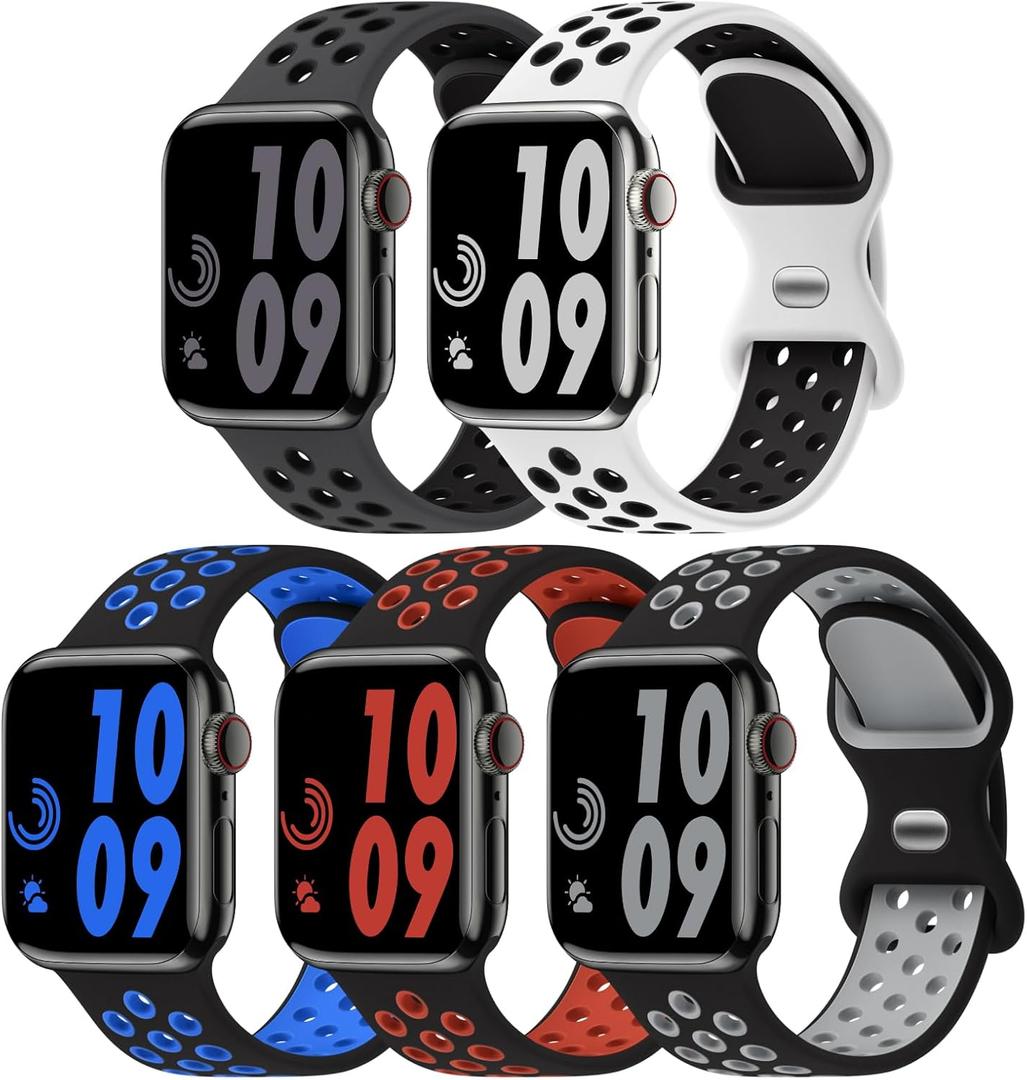5 Pack Sport Bands Compatible with Apple Watch Band 44mm 45mm 46mm 42mm 41mm 40mm 38mm 49mm for Men Women, Breathable Silicone Wrist Strap for iWatch Series 11 10 9 8 7 6 5 4 3 2 1 SE3 2 1 Ultra3 2 1 (Anthracite Black/White Black/Black Blue/Black Red/Black Gray)