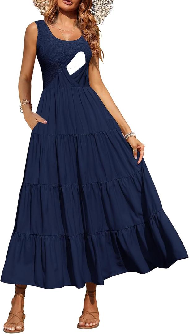 Women's Nursing Dresses Smocked Crew Neck Summer Sleeveless Tiered Maxi Dress with Pockets (Large, Navy)