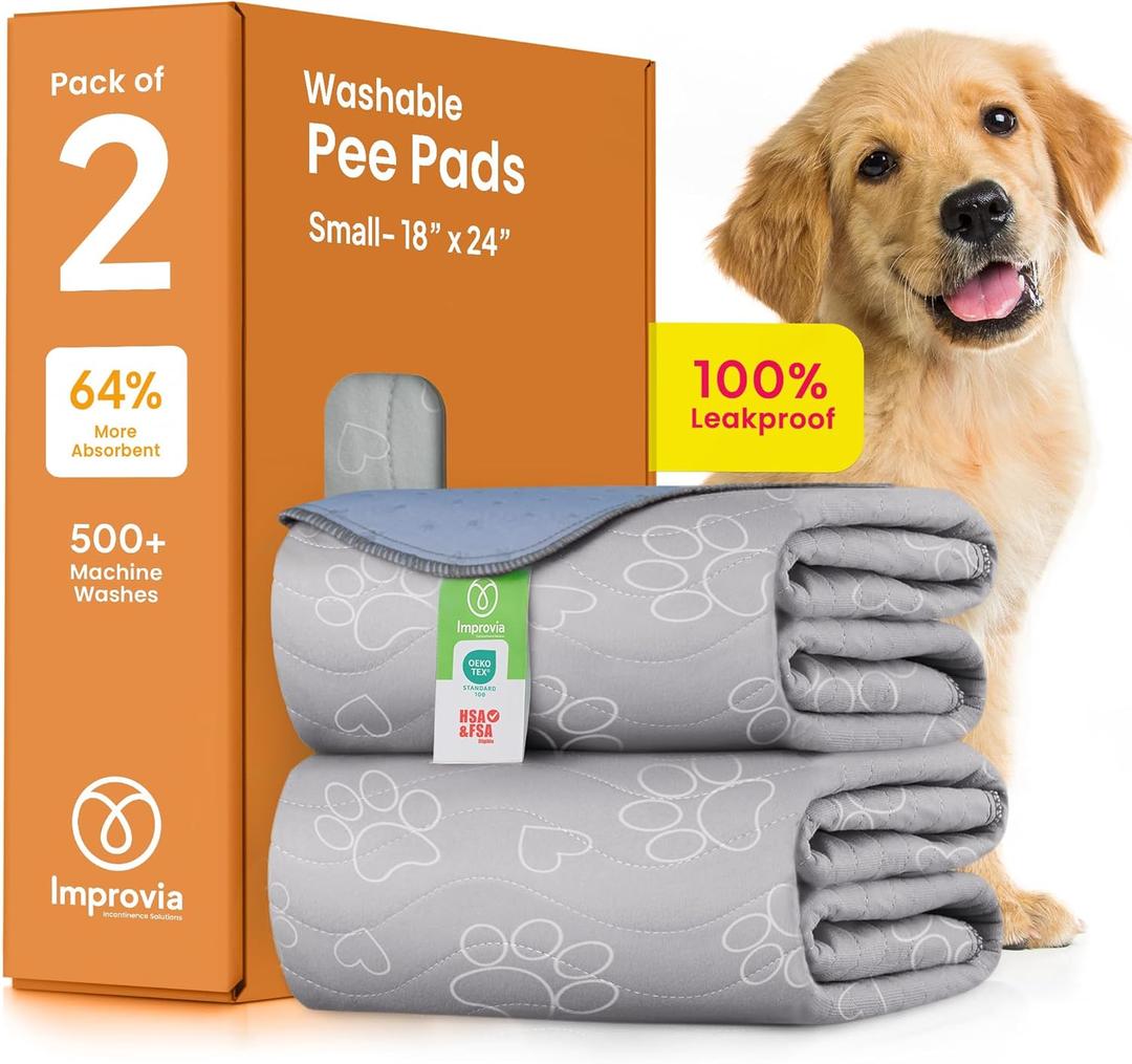 IMPROVIA Reusable Puppy Pad Waterproof, Extra-Absorbent, Washable Pee Pad for Dog Training, Whelping, & More Protect Your Floors & Pet with Quick-Drying Potty Pad (Paws & Hearts, Small 18"x24" (Pack of 2))