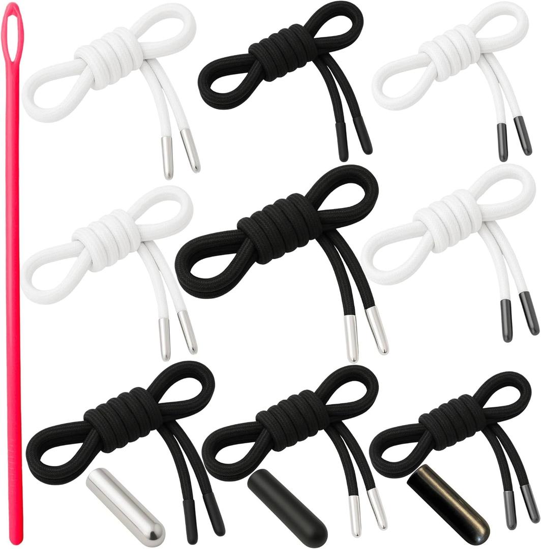 Drawstring Replacement Cord with Aglets  53 Inch Poly Cotton Drawstring Cord for Hoodies, Sweatpants, Pants & Shorts | Long Draw String for Mens Clothing | 9 Pack Replacement Kit with Threader Tool (Black & White 53")