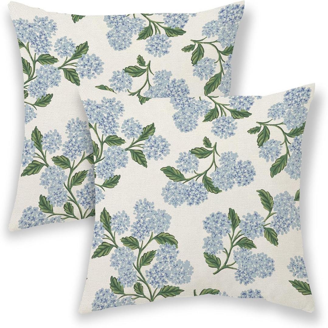 Blue Green Floral Pillow Covers 18x18 Inch Set of 2 Outdoor Blue Hydrangea Floral Throw Pillows Decorative Spring Summer Vintage Flower Pillowcase Linen Cushion Cases for Bed Sofa Couch