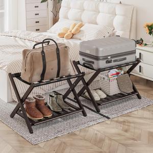 Pack of 2 Fully Assembled Bamboo Luggage Racks, Folding Suitcase Stand with Shoe Shelf, 5 Nylon Straps, Heavy Duty, Luggage Stands Ideal for Guest Room, Bedroom, Hotel, Espresso