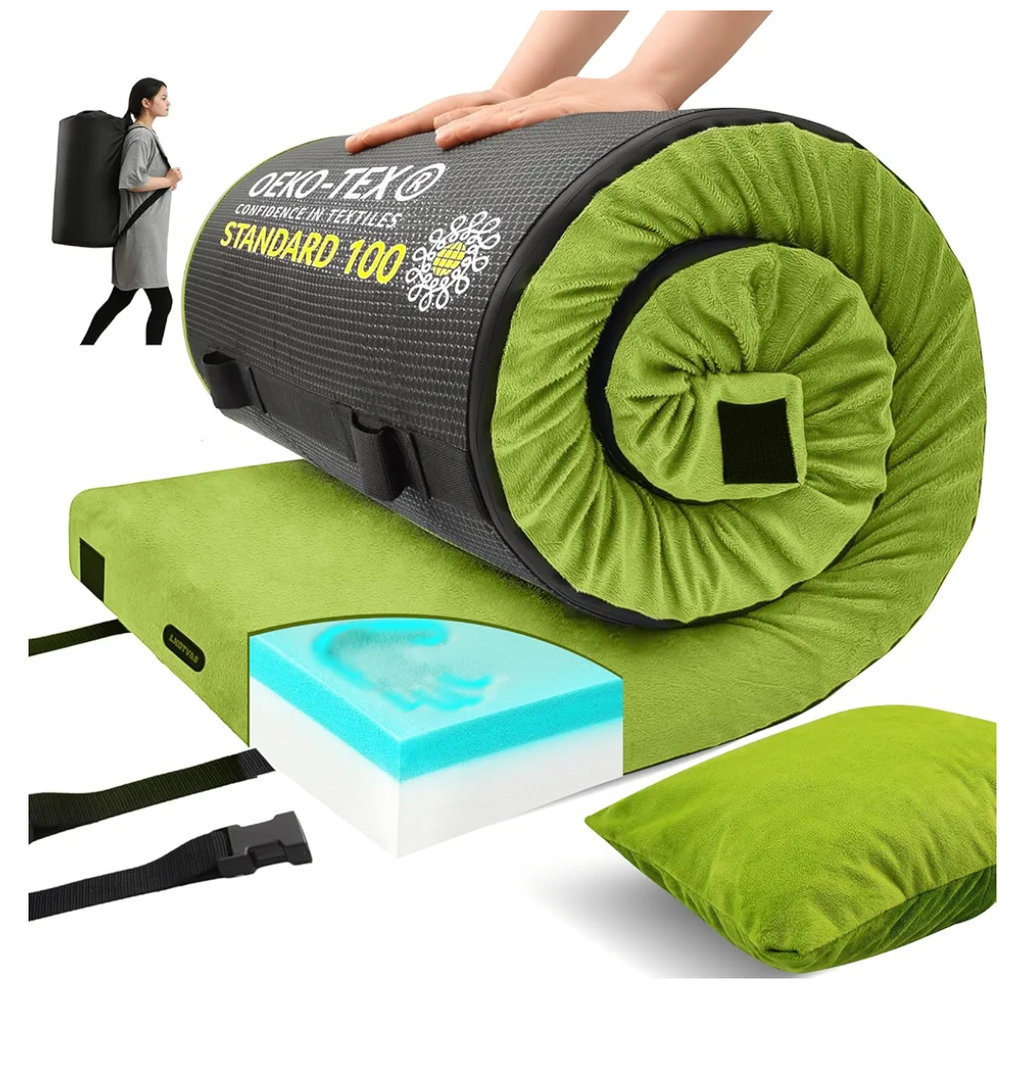 Lxotvae Memory Foam Camping Mattress pad, Thick Sleeping Mat for Adults with Waterproof and Non-Slip Bottom, Portable Roll Up Mattress for Sleepover Guest,Cot Pad for Car Camping, No Size