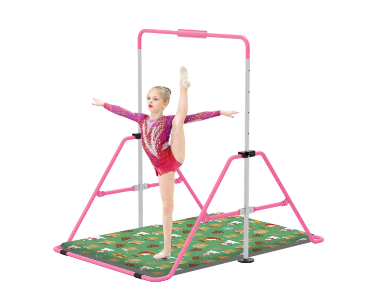 Jivifao Gymnastics Bar with Self-Inflating Mat for Kids, Adjustable Height Gymnastic Horizontal Bars with Mat, Folding Gymnastic Training Monkey Bars, Junior Expandable Training Kip Bar for Home