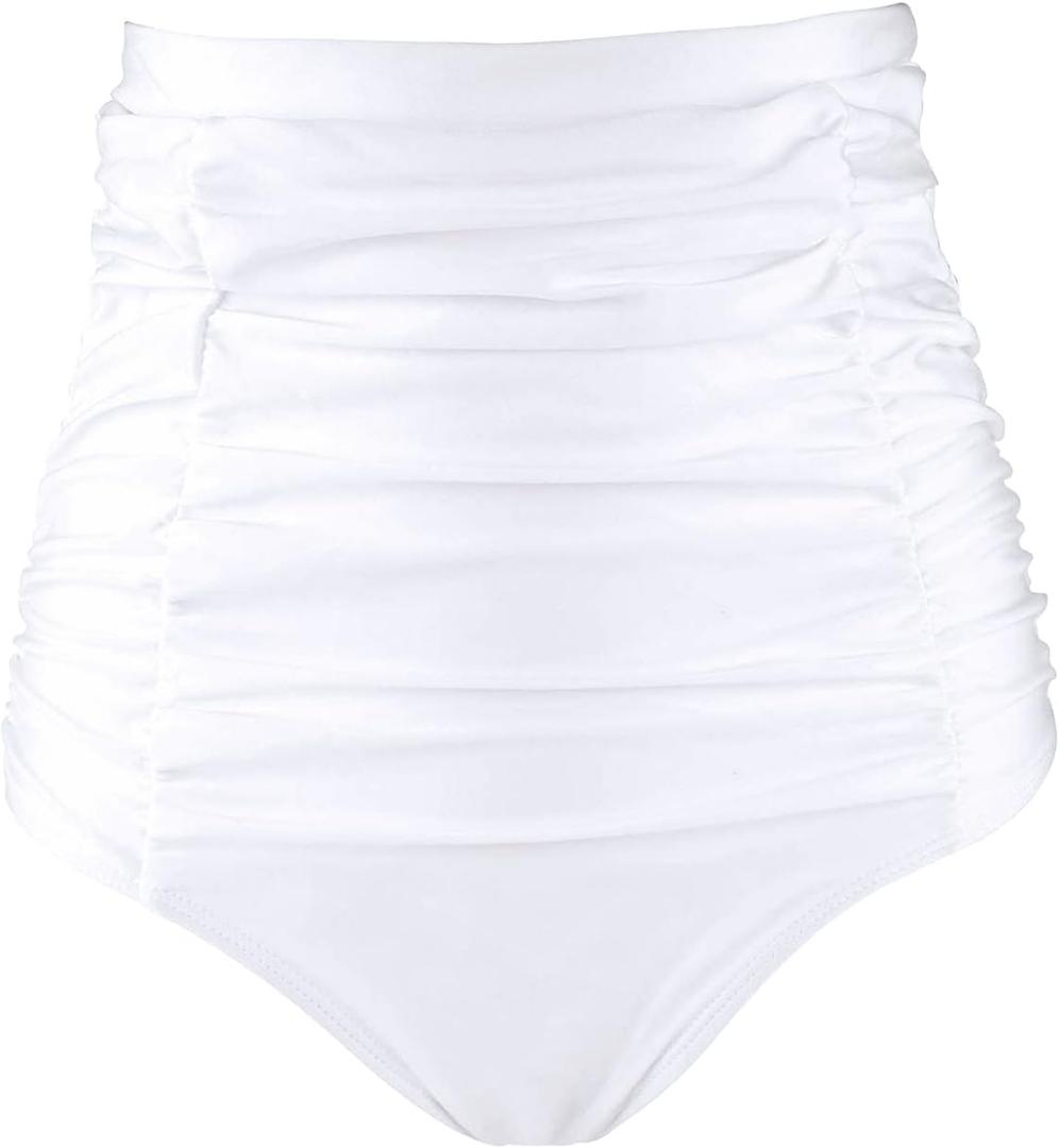 RELLECIGA Women's High Waisted Bikini Bottom Tummy Control Ruched Full Coverage Swim Bottom (Large, White)