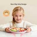 Bakpoco Stainless Steel Baby Plate with Suction, 9 Divided Toddler Plates with Removable Silicone Sleeves for Kids, Non-Toxic Non-Slip Unbreakable Dishwasher Safe Dinnerware Set of 2, Pink & Beige