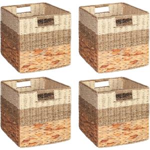 4 Pack 3 Pattern Design Wicker Basket, Baskets for Organizing, Storage Rattan Basket with Handles for Shelves, Woven Cube Storage Bin Organizer, 10.5x10.5 inch, Natural