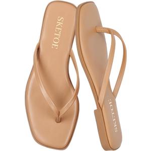 Flip Flops for Women Square Toe Flat Sandals for Women Comfortable Thong Sandals Leather Flip Flops Lightweight Summer Beach Sandals Dressy Vacation Essentials Slides (7, Taupe)