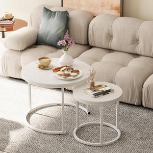  Nesting Coffee Table Round Side Table Set of 2 End Tables for Living Room Bedroom Balcony,White Wooden Stacking Accent Coffee Tables with Metal Frame