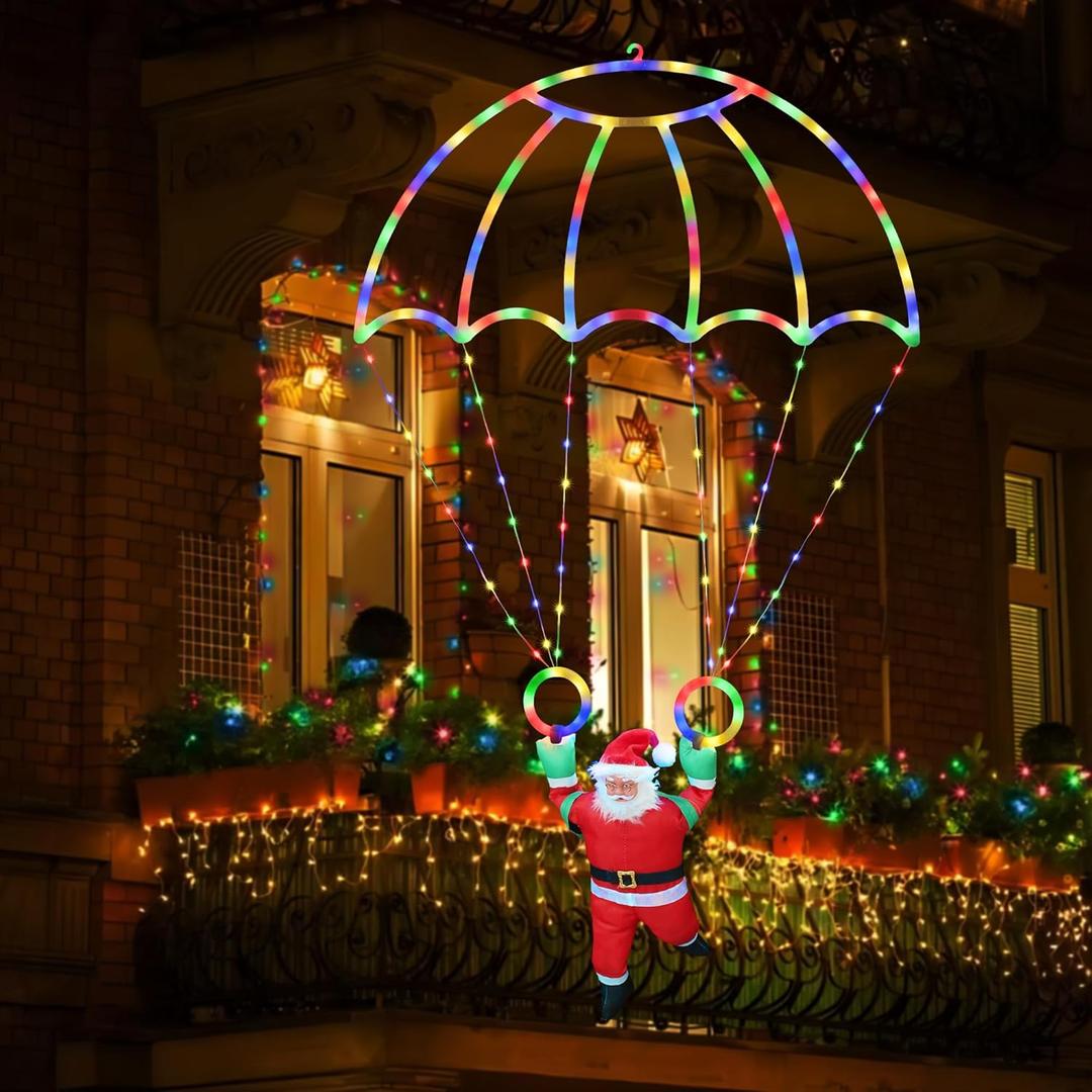Toodour Christmas Decorations Lights Outdoor, 2.8FT Christmas Parachute Lights with Santa Claus, Waterproof 8 Modes Hanging Multicolor Xmas Light - Holiday Decorative Light for Indoor Eave Roof