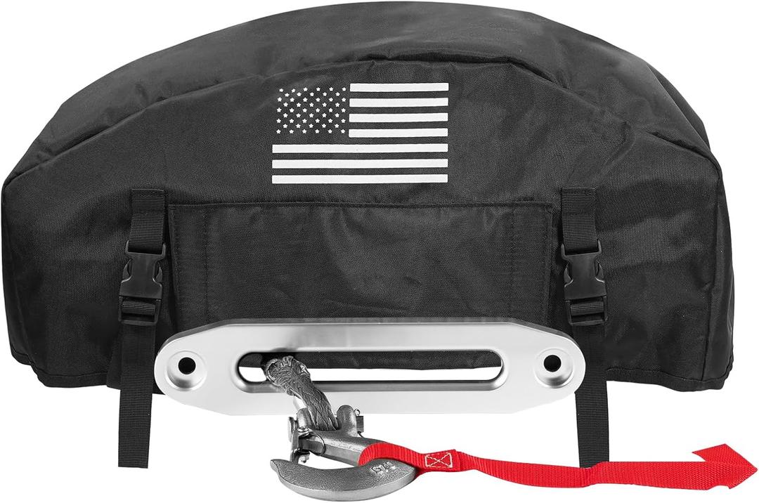 GEVINFA Winch Cover, 2026 Latest Flag Waterproof Dust-Proof Winch Protective Cover, Indoor & Outdoor Winch Accessories for 8000-13500 lbs Electric Winches With Adjustable UV Resistant Cover (Black)