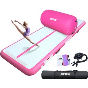 AWSUM Inflatable Air Gymnastics Mat 10ft/13ft/16ft/20ft/23ft Training mat 4/8 inches Thick tumbling mat with Electric Pump for Home/Gym/Outdoor (Pink+air roller)