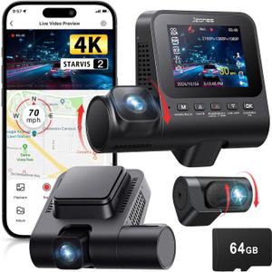 Jzones 4K 3-Channel Dash Cam Front and Rear with Cabin, STARVIS 2 Sensor, Dash Camera for Cars with WiFi 6, G-Sensor, Loop Recording, Night Vision, 24H Parking Mode, 64GB Card Included (Black)