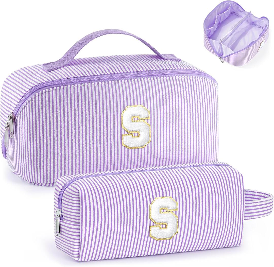 YOOLIFE 10 11 12 13 14 Year Old Girl Birthday Gift - Initial Letter Makeup Bag Cosmetic Bags for Women Girls Teens Daughter Sister Girlfriend, Preppy Trendy Stuff for Teen Girl Gifts Purple Letter S
