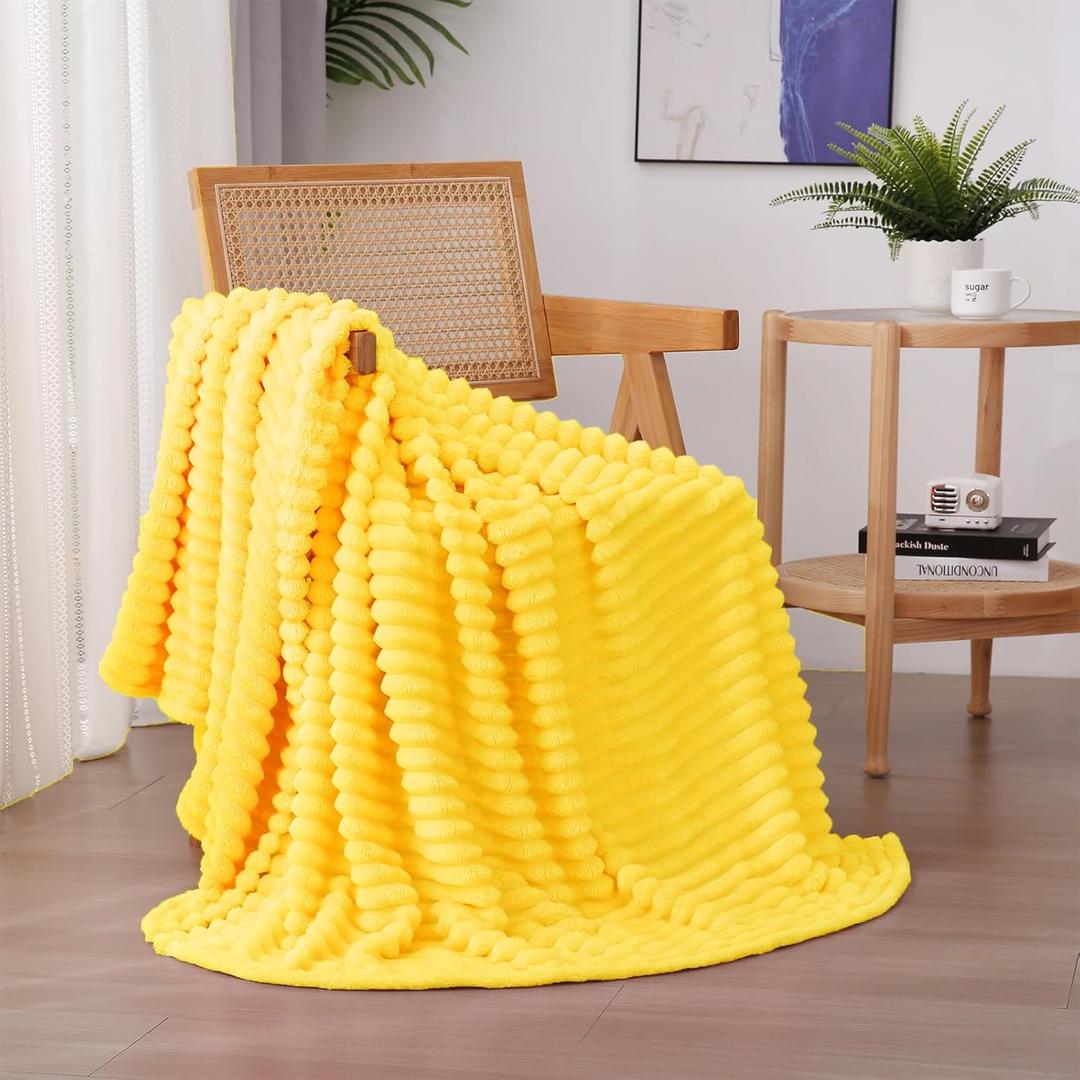 Linecooo Bright Yellow Fleece Throw Blanket 50”×60” for Couch Sofa Bed, Super Soft Cozy Plush Microfiber Flannel Blanket with Stripes Design Lightweight for Adults, Woman, Girls