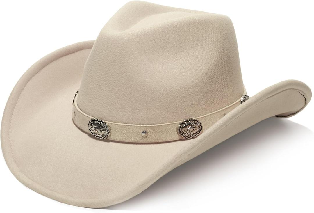 Faux Suede Felt Western Cowboy Hat for Women or Men, Wide Brim, Rivet Strap (One Size-Medium, Beige)