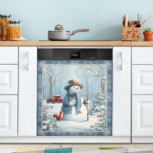 Pfrewn Christmas Winter Magnetic Dishwasher Cover Snowman Squirrel Snow Forest Fridge Door Covers Kitchen Decal Vinyl Panel Decorative Refrigerator Laundry Appliances 23x26in