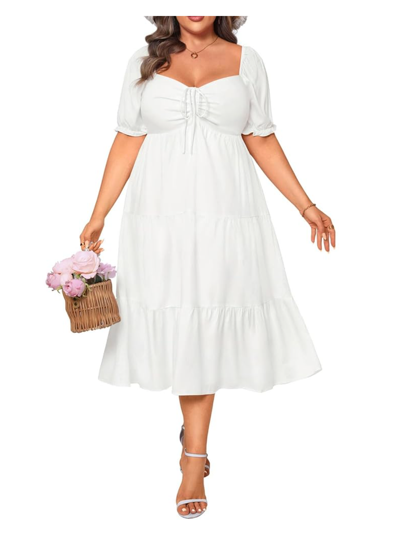 Plus Size Summer Dresses - Sweetheart Neck Drawstring Puff Sleeve Casual Wedding Guest Tiered Aline Flowy Midi Dress
Size 14W