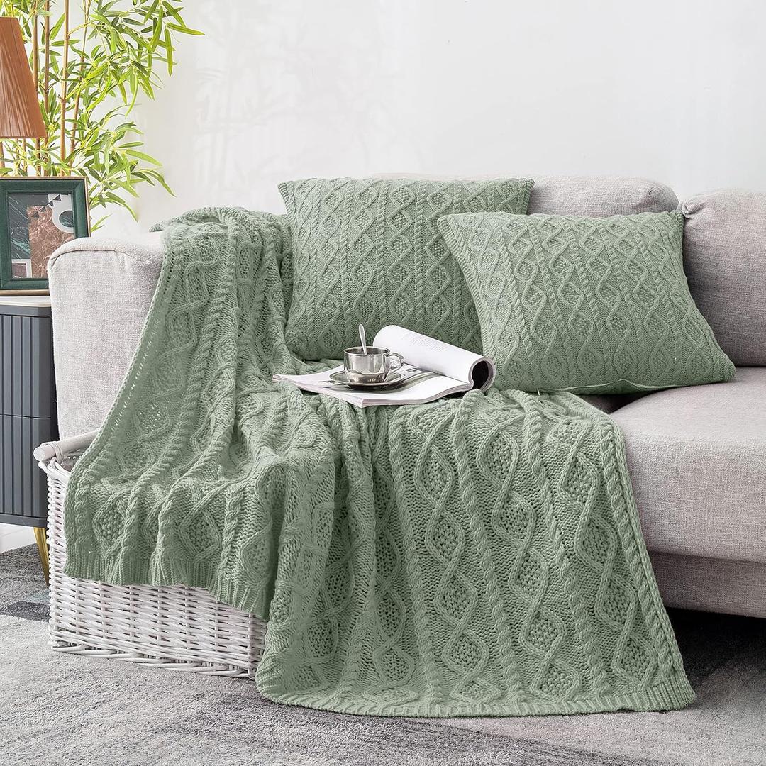 Homiest Cable Knit Throw Blanket and Pillow Set, Sage Green Set of 3, Knitted Throw (50"x60") & 2 Pillow Covers (18"x18"), Soft & Cozy Decorative for Couch Bed Sofa