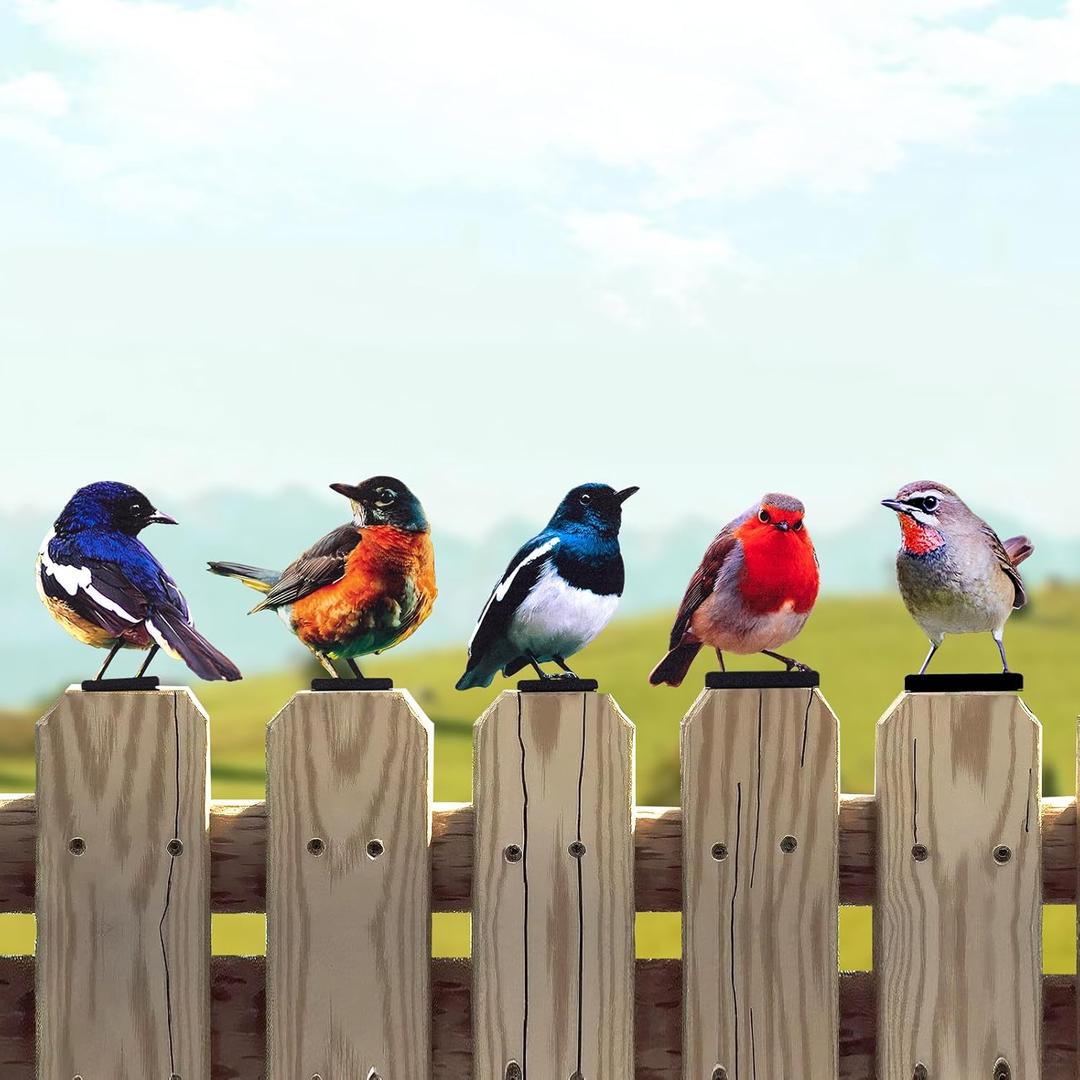 HUYIENO 5PCS Vivid Metal Birds Fence Decor 2D Color Painted Outdoor Garden Natural Bird Sculptures for Outdoor Fences, Patio, Garden and Bird Lovers