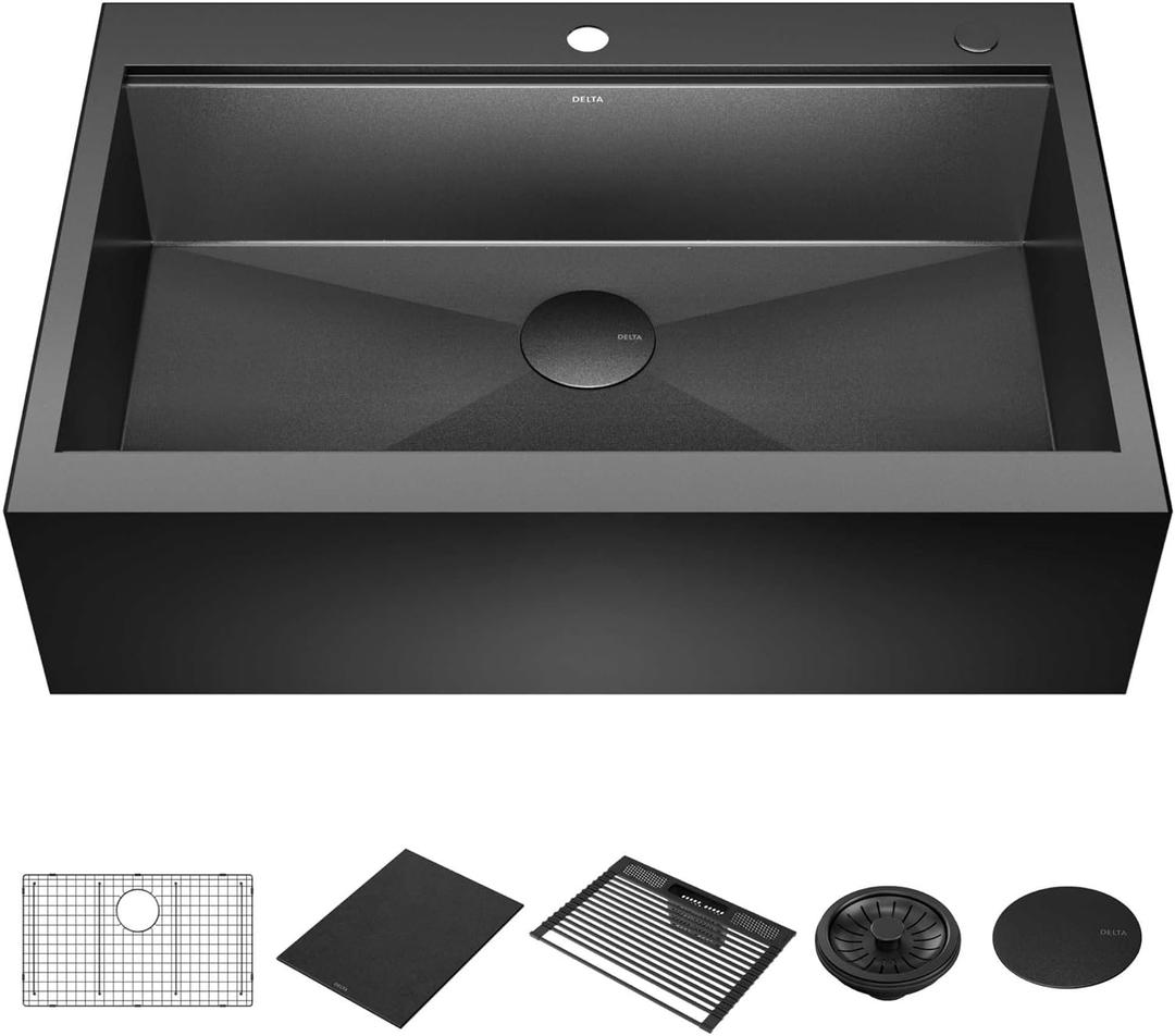 DELTA FAUCET Rivet 33 In Black Stainless Steel Retrofit Farmhouse Apron Front Workstation Kitchen Sink Single Bowl/PVD Gunmetal Finish w/ Accessories for Top Mount Drop-In Installation,95D9031-T33S-GS