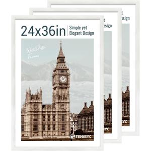 24x36 Poster Frame 3 Pack - White Woodgrain, Solid Wood Picture Frame, Wall Gallery Frame - Wall Hanging