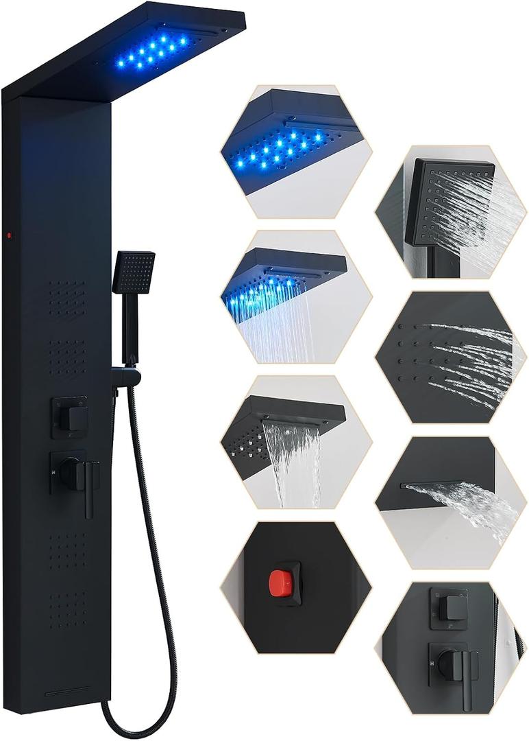 Black Shower Panel Contemporary Shower Tower with LED Shower Head Large Body Jets Wall Mounted Shower Panel Tower System