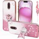 for Oneplus 6T / Oneplus 7 Phone Case,for Plus One 1+6t / 1+7 Mobile Phone Case for Women and Girl, Glitter Butterfly Floral TPU Protective Cover with Kickstand+Strap for Oneplus 6t (Pink)