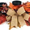 Fall Candle Holder Centerpiece with Maple Leaves, Pinecones, Berries & Burlap Bow,Thanksgiving Table Centerpiece Decoration for Dining Table, Mantel & Autumn Harvest Home Dcor (Orange)