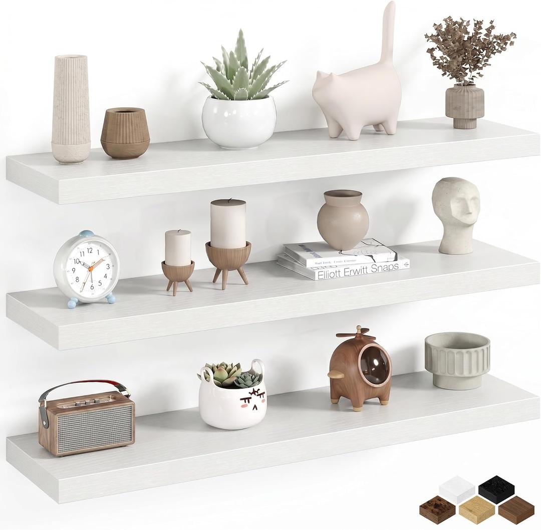 Fun Memories Floating Shelves Set of 3, 36 x 8 Inch Floating Wall Shelves, Wall Mounted Rustic Wood Shelves, Bathroom, Hanging Deep Shelf for Bedroom, Living Room, Kitchen - White