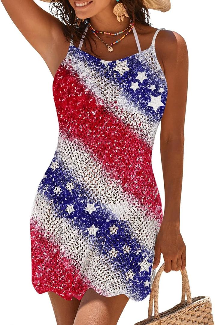Pink Queen Sexy Beach Outfits Trendy Fashion Mesh Cover Ups for Swimwear Women Summmer Square Neck Sleeveless Color Patchwork Bikini Bathing Suit Coverup American Flag 01 XL