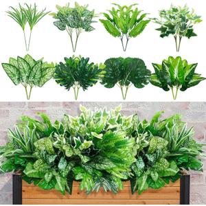 16 Bunches Fake Plants Outdoor UV Resistant Artificial Bushes Green Boxwood Shrubs Faux Plastic Plants Greenery Stems for Spring Outdoor Garden Patio Front Porch Yard Home Decor