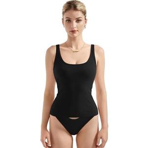 SUUKSESS Women Padded Cotton Ribbed Long Tank Tops 2025 Summer Going Out Basic Scoop Neck Cami Tops size L, Black 