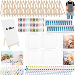 Tenceur 24 Set 8x10 Inch Canvas and Easel Set Paint Kits for Adults Bulk Art Canvas Boards for Painting with Easel Stand, Large Tablecloth, Acrylic Paint Brushes Trays Aprons for Party