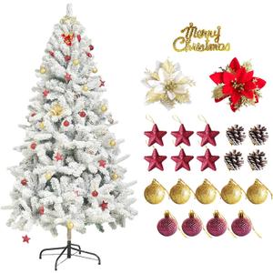 6ft White Artificial Christmas Tree, Christmas Pine Tree for Home Party Christmas Decorations with 600 Branches and Two-Color Decorative Flowers Decorative Balls