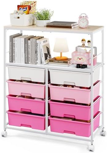 SYKIARIOL 8 Drawers Rolling Storage Cart with Wooden Top, Multipurpose Utility Cart with Opening Shelf & Lockable Wheels, Storage Drawer Cart Organizer for Home Office Craft Room Classroom, Pink