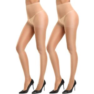 CozyWow 40D Sheer Tights for Women, Durable Control Top Pantyhose, High Waist Stockings with Reinforced Toe 2Beige-XL (XL)