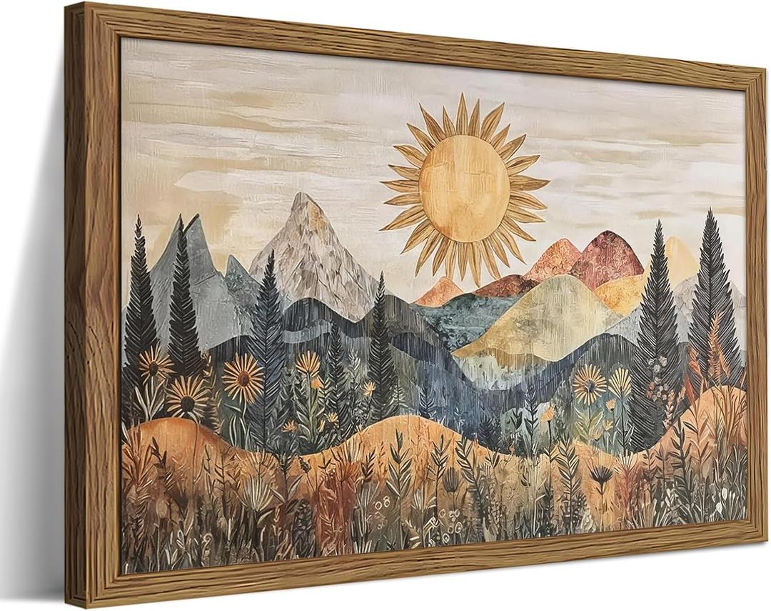 Framed Boho Sun Canvas Wall Art, Modern Abstract Mountain Landscape Painting, Southwestern Sun Poster Picture Print, Boho Floral Aesthetic Wall Decor for Bedroom Home Office 16x24 inch