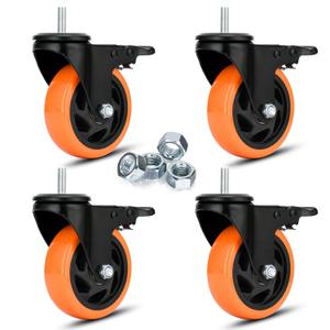 Swivel Caster Wheels 4 Inch Heavy Duty Threaded Stem Casters 3/8"-16x1 Safety Dual Locking Industrial Castors Set of 4 Load Bearing 1200 Lbs Caster with Brakes Wheels for Cart, Furniture