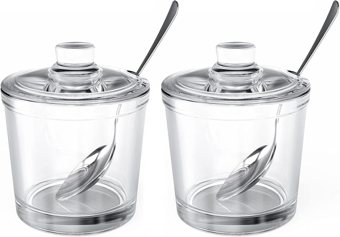ZEAYEA Set of 2 Clear Glass Sugar Bowl, 6 Ounce Seasoning Box Condiment Pots with Spoon and Lid, Sugar Spice Salt Canister for Home Kitchen, Coffee Bar, Restaurant